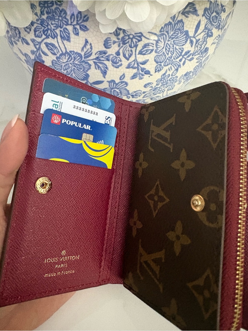 Louis Vuitton Monogram Canvas Card Wallet with Red Zip Accent